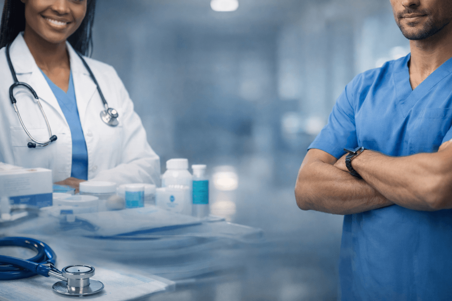 Healthcare professionals reviewing medical supplies and equipment in a modern medical facility